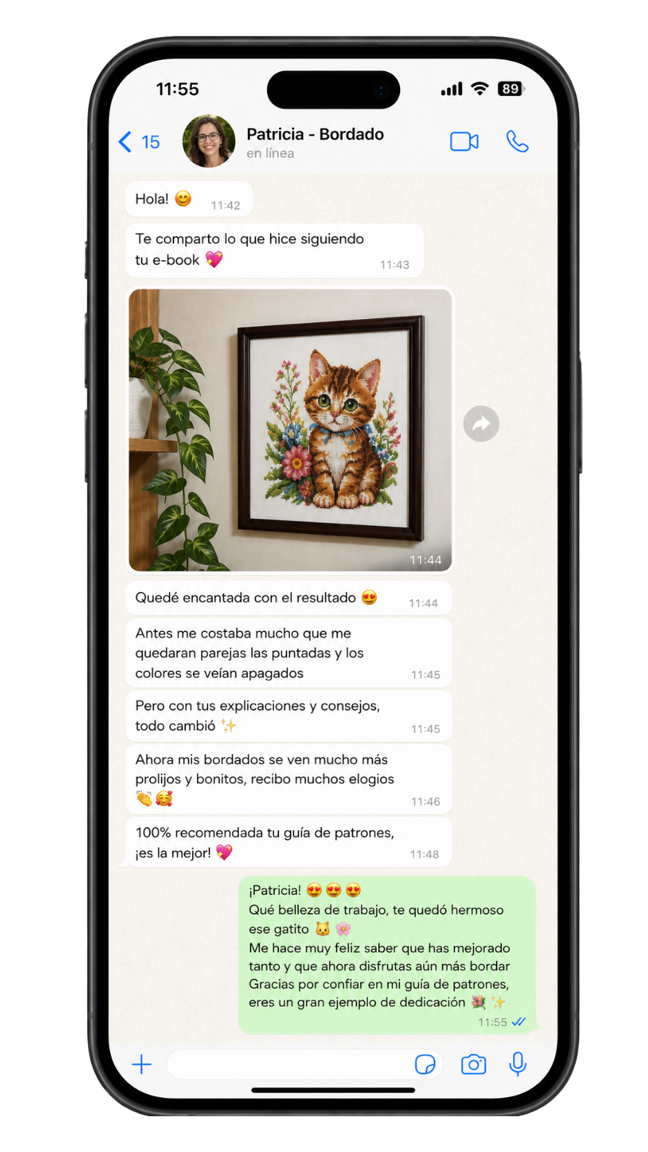 Testimonio de chat de bordado real 1 - Patricia